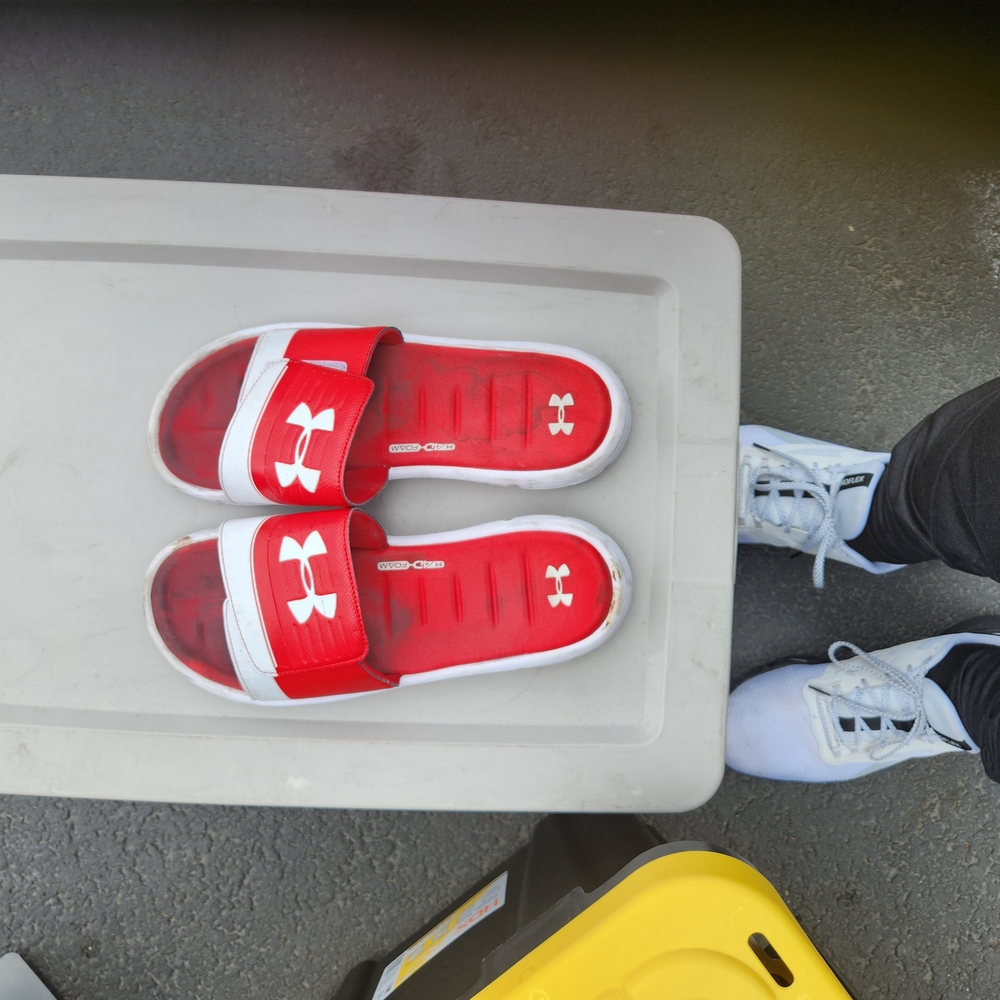 Under Armour Red and White Slide Sandals